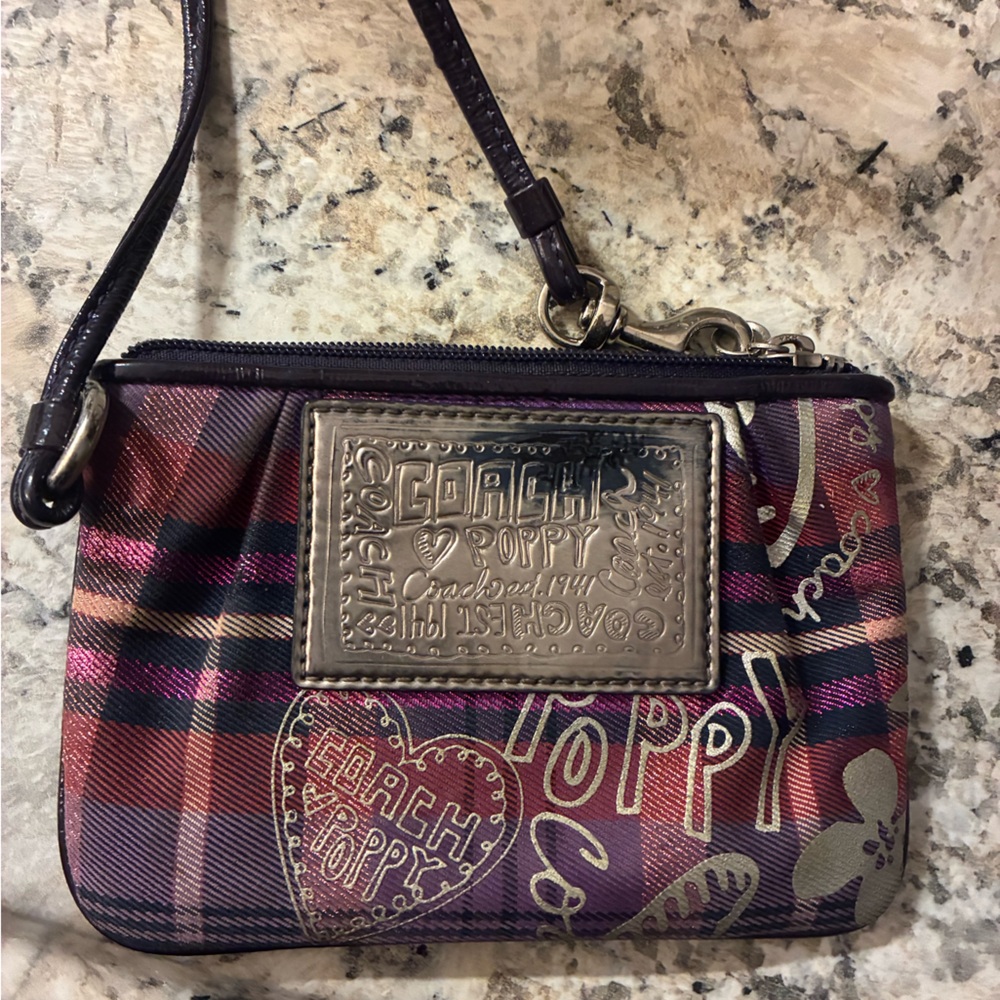 Coach Multicolor Plaid Wristlet with Silver Accents